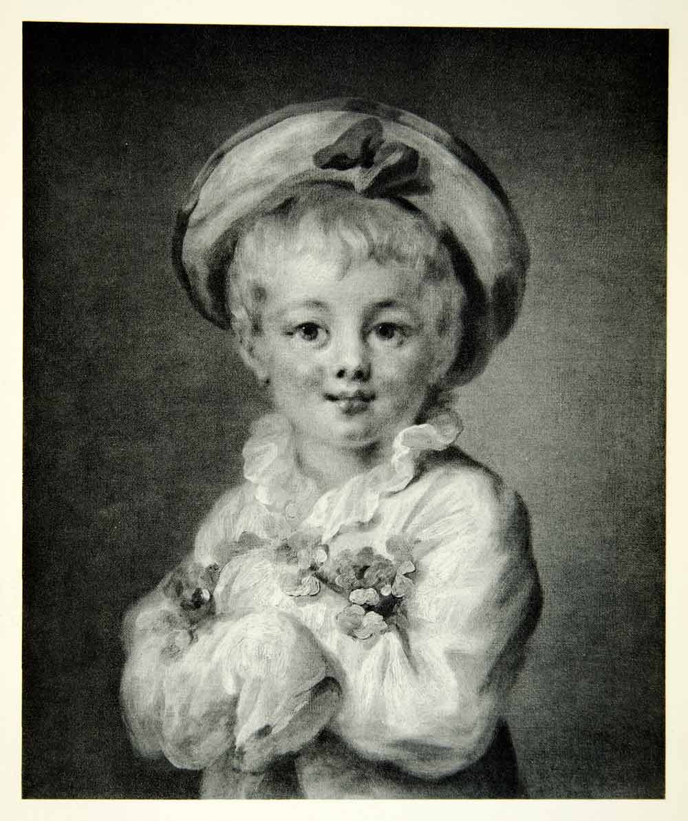 1950 Rotogravure Fair Haired Child Portrait Boy Jean Honore Fragonard Hat XAIA1