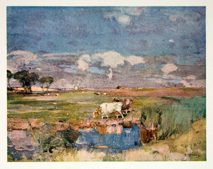 1918 Print Suffolk Pastures E A Walton Cow Herd Cattle England Landscape XAIA2