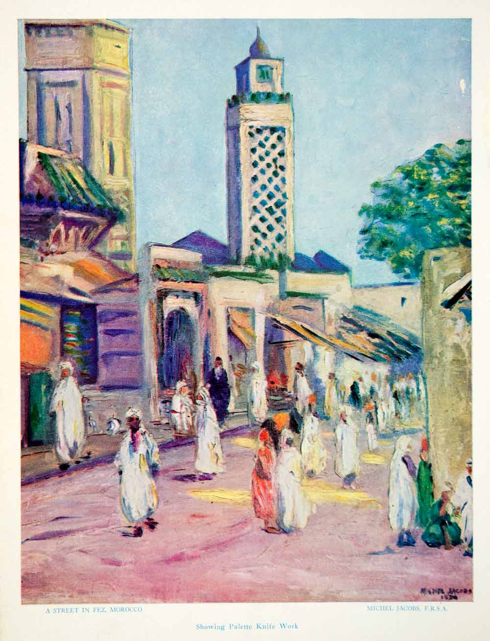 1956 Print Michel Jacobs Street Fez Morocco Cityscape Merchants Tower XAIA3
