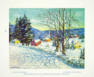 1956 Print Micel Jacobs White Christmas Snow Winter Cityscape Town View XAIA3