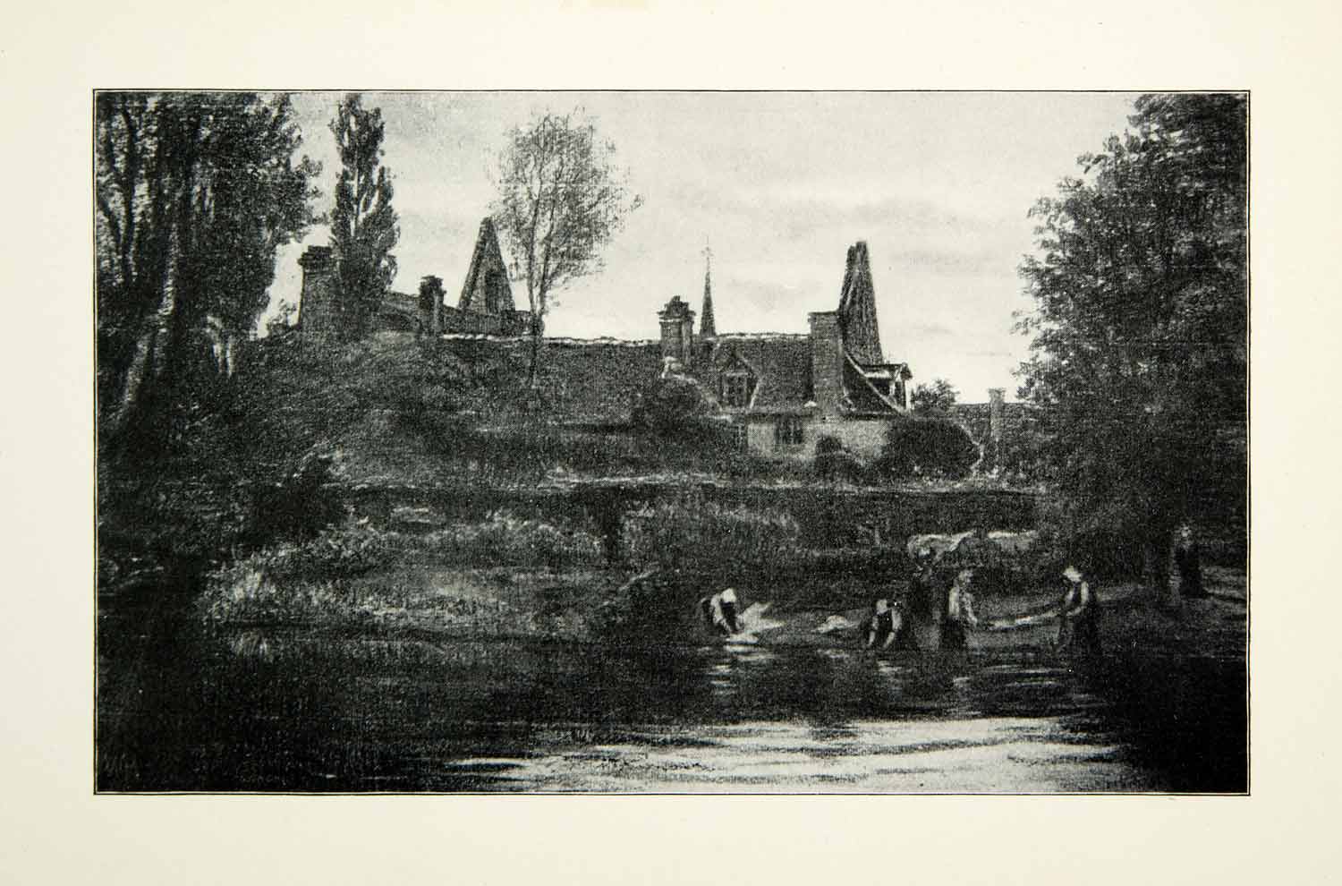 1900 Print Washing River William Morris Hunt Village Scene Quaint Rural XAIA8
