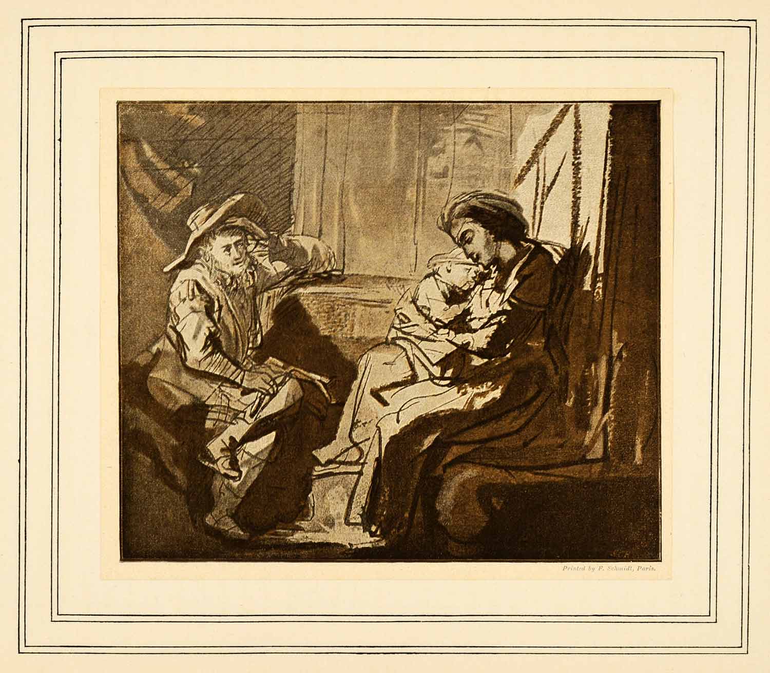 1907 Tipped-In Print Man Watching Woman Sleeping Child Arms Rembrandt XAJ3