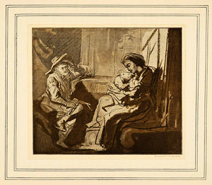 1907 Tipped-In Print Man Watching Woman Sleeping Child Arms Rembrandt XAJ3