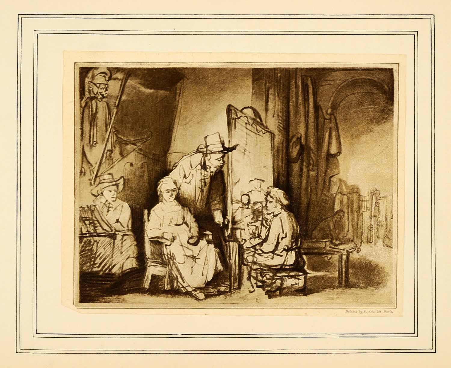 1907 Tipped-In Print Rembrandt Studio Pen Wash Dutch Artist Baroque Painter XAJ3