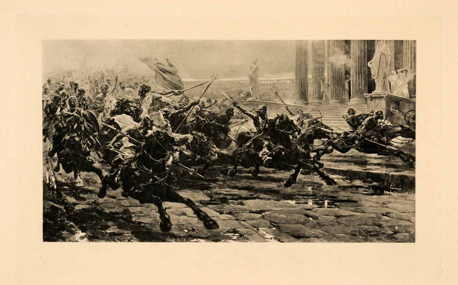 1908 Photogravure Barbarian Invasion Warrior Calvary Ulpiano Checa Sanz Art XAJ4
