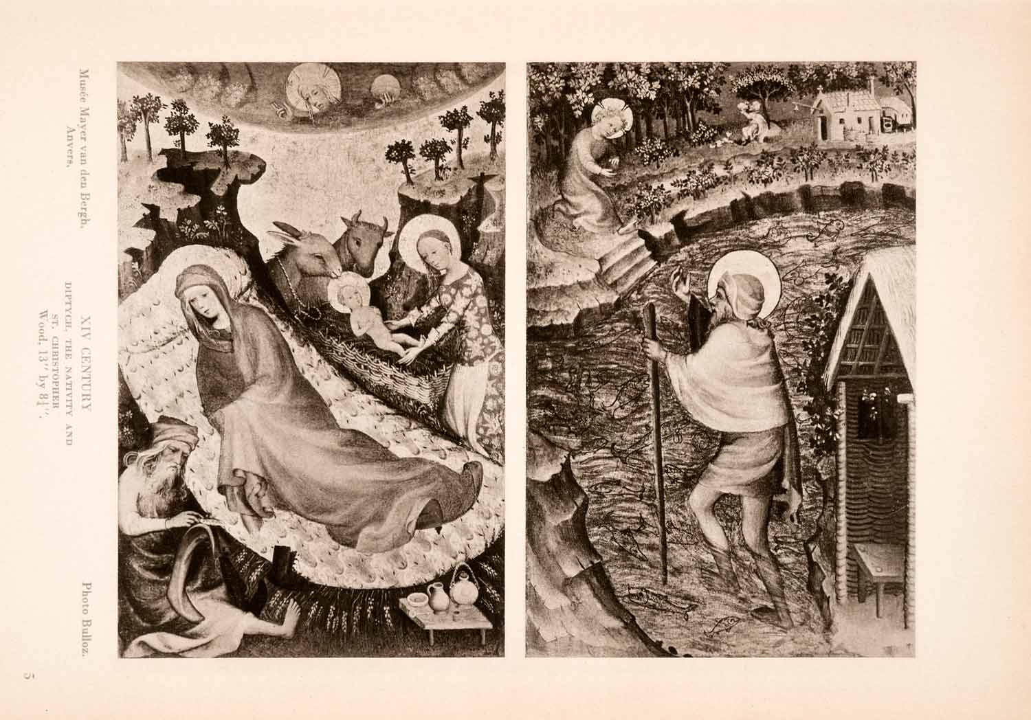 1939 Photogravure Diptych Nativity St Christopher Medieval 14 Century XAJ6
