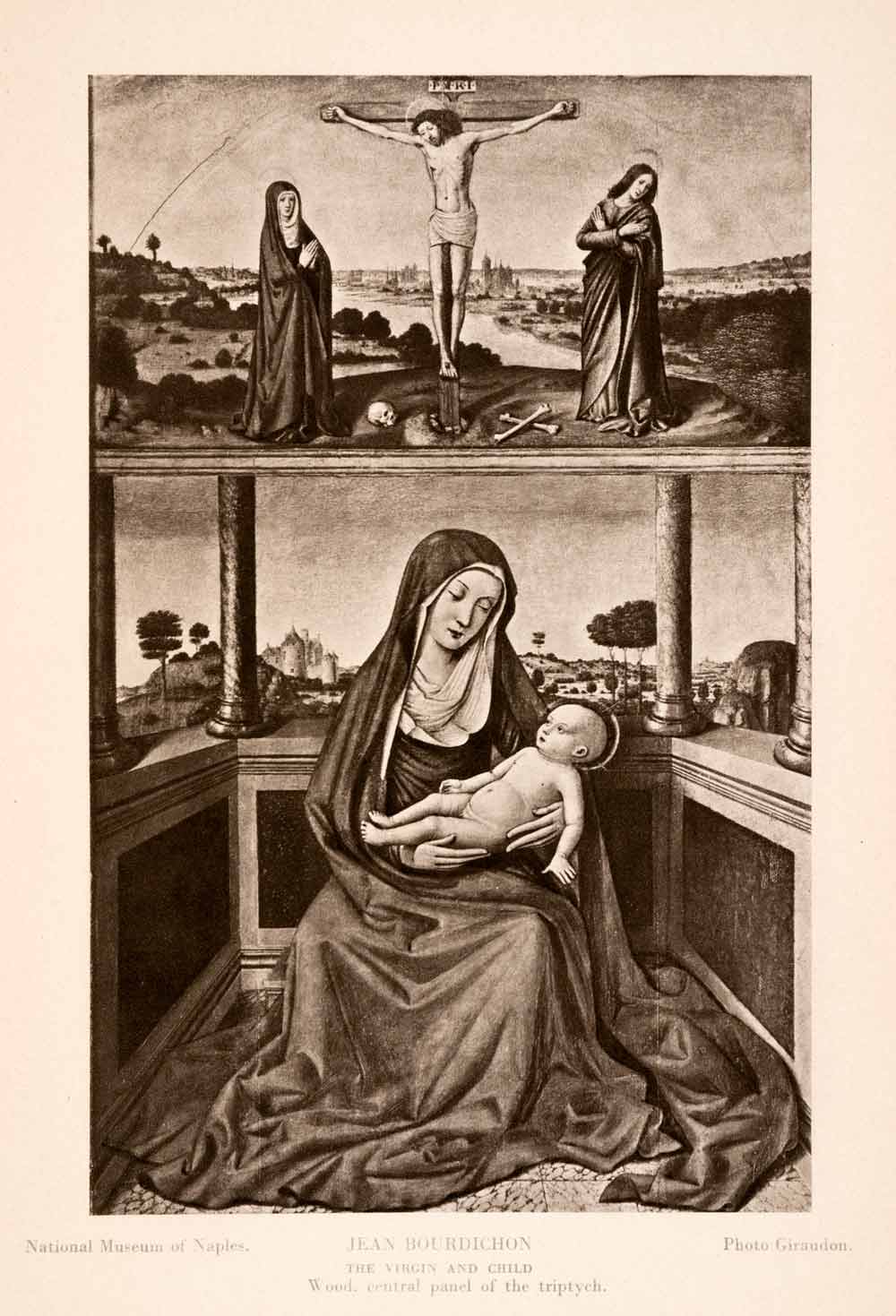 1939 Photogravure Jean Bourdichon Virgin Child Christ Crucifixion Religious XAJ6