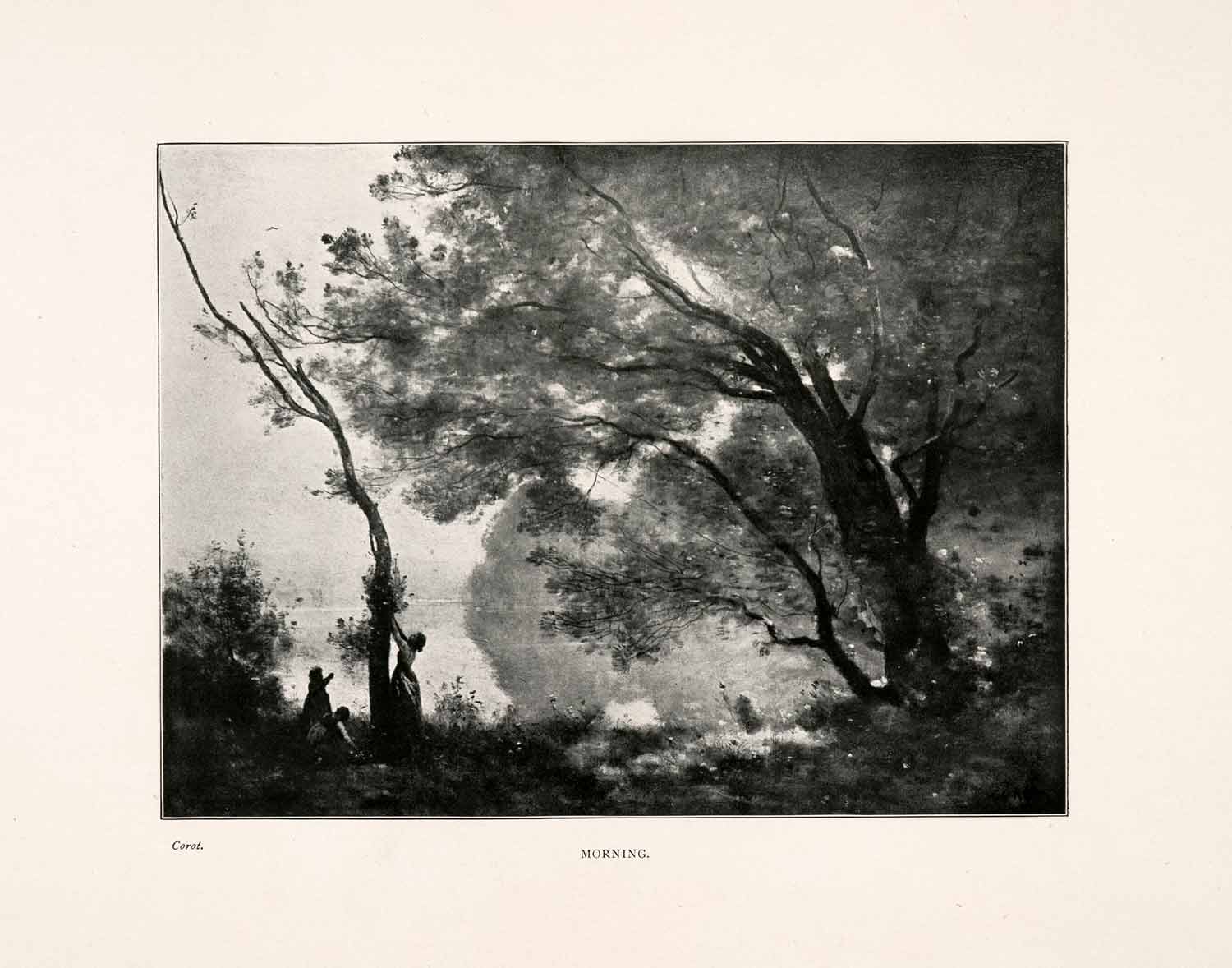 1903 Print Morning Landscape Storm Corot Children Tree Lake France Scenery XAJ7