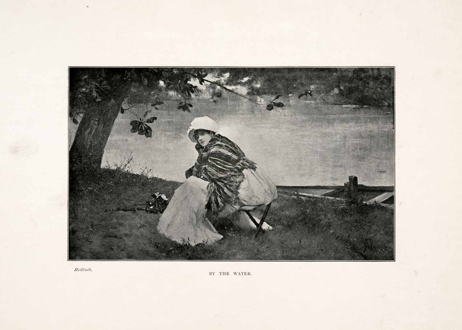 1903 Print Portrait Woman Seated Waterfront Dock Landscape Ferdinand XAJ7