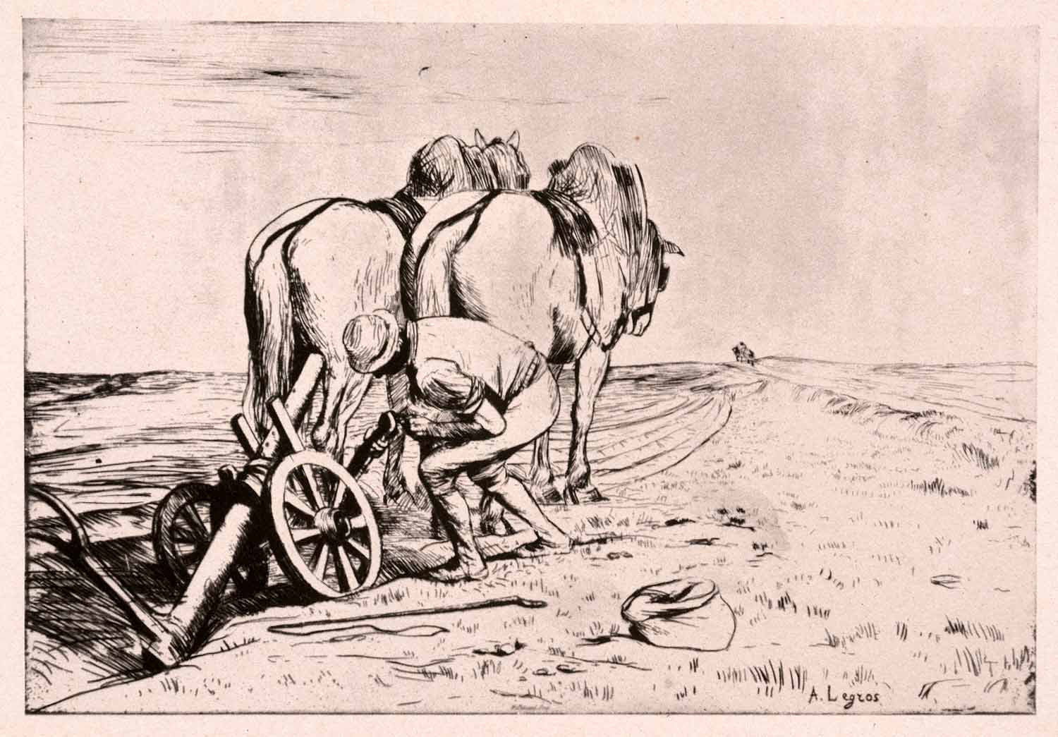 1946 Print Alphonse Legros Horse Plough Plow Bag Farm Landscape Field XAK1