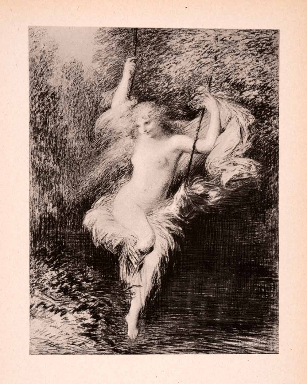 1946 Print Fantin-Latour Bather Nude Woman Breasts Swing Feathers French XAK1