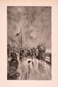 1946 Print Felix Buhot Landing England Sea Coast Rain Umbrella Boardwalk XAK1