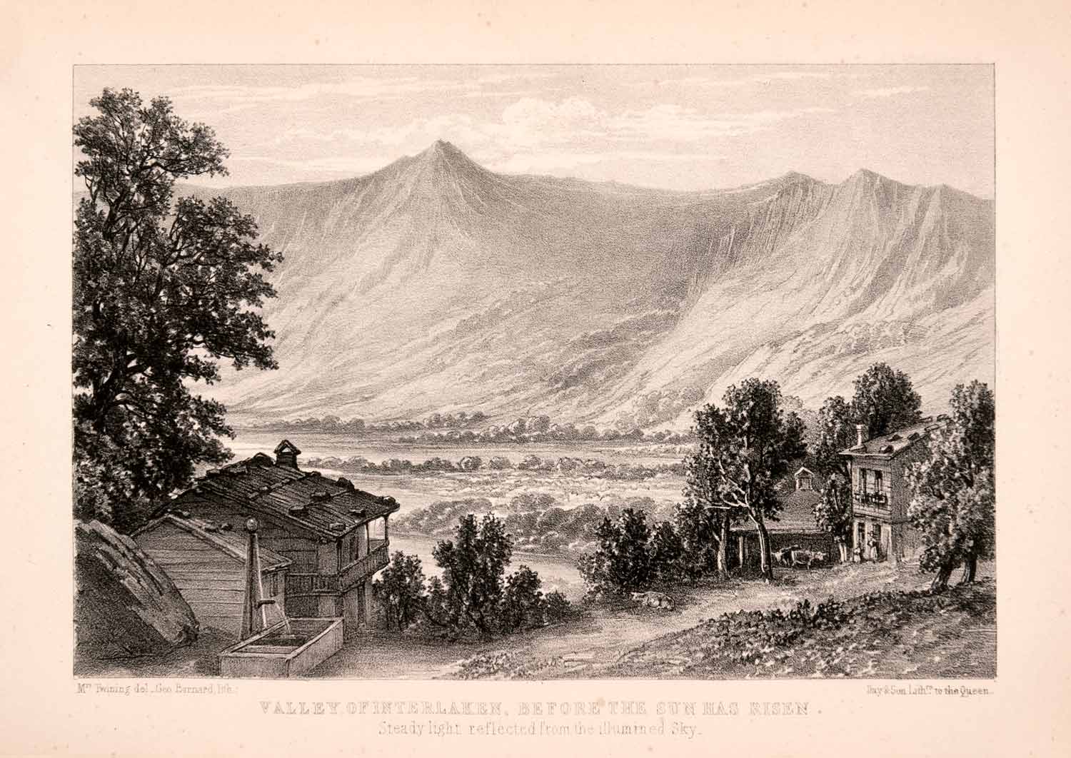 1849 Stone Lithograph Henry Twining Valley Interlaken Switzerland XAK7