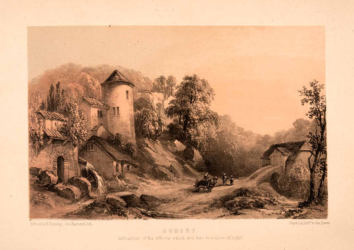 1849 Stone Lithograph Sunset Henry Twining Countryside London England XAK7