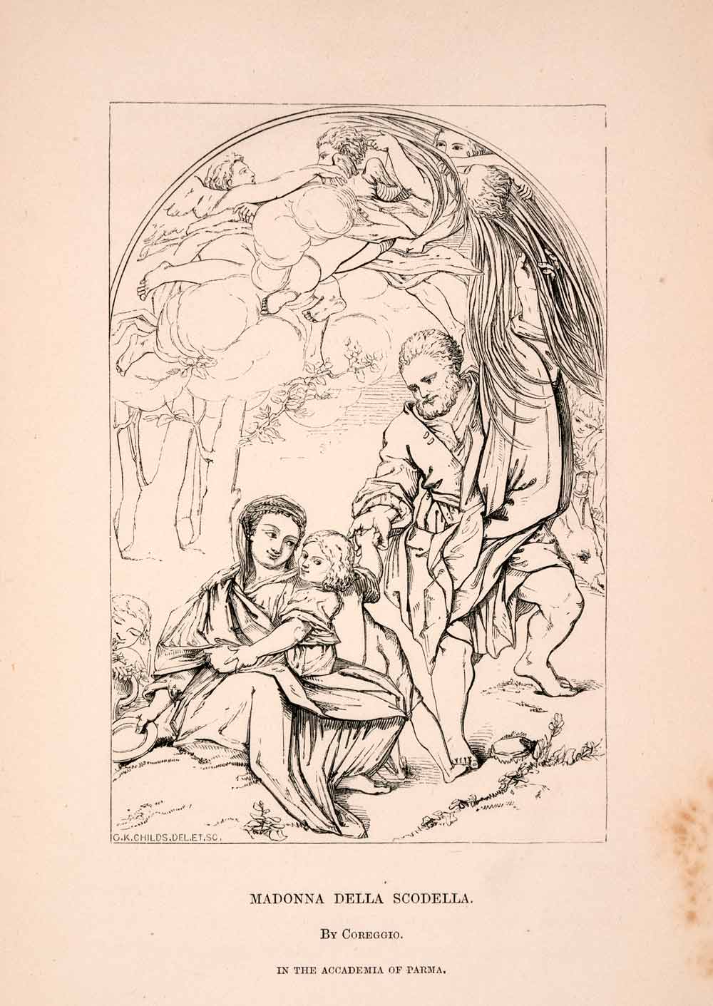 1849 Wood Engraving Madonna Della Scodella Henry Twining Mother Child XAK7