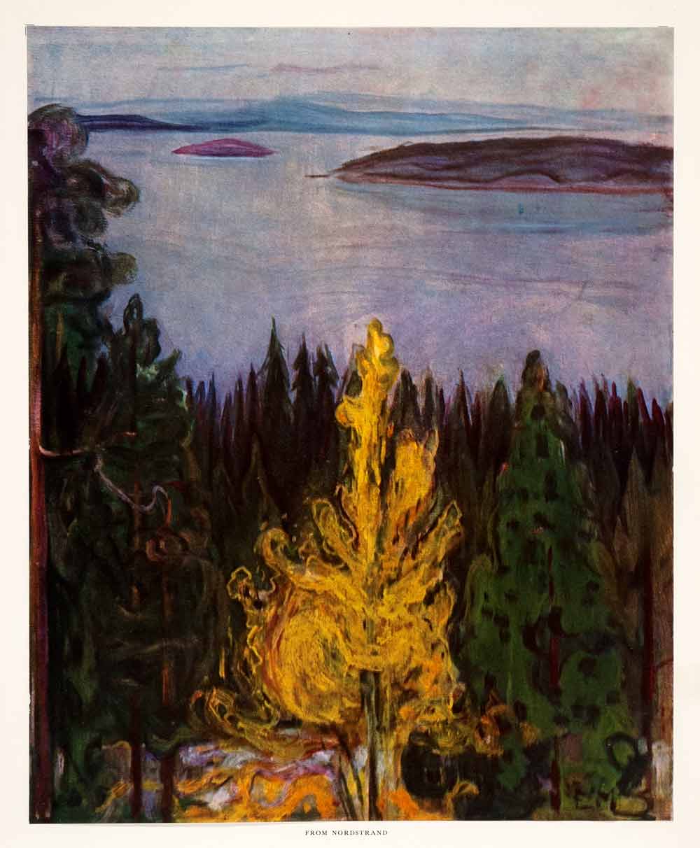 1958 Tipped-In Print Edvard Munch From Nordstrand Landscape Water Forest Art