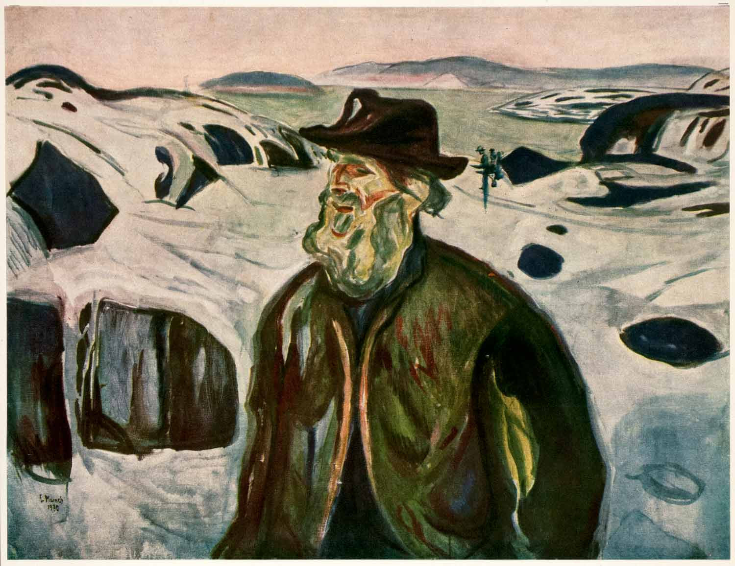 1958 Tipped-In Print Edvard Munch Old Fisherman Winter Landscape Symbolist Art