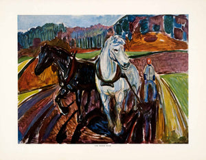 1958 Tipped-In Print Edvard Munch Horse Team Plow Farm Field Symbolist Color Art