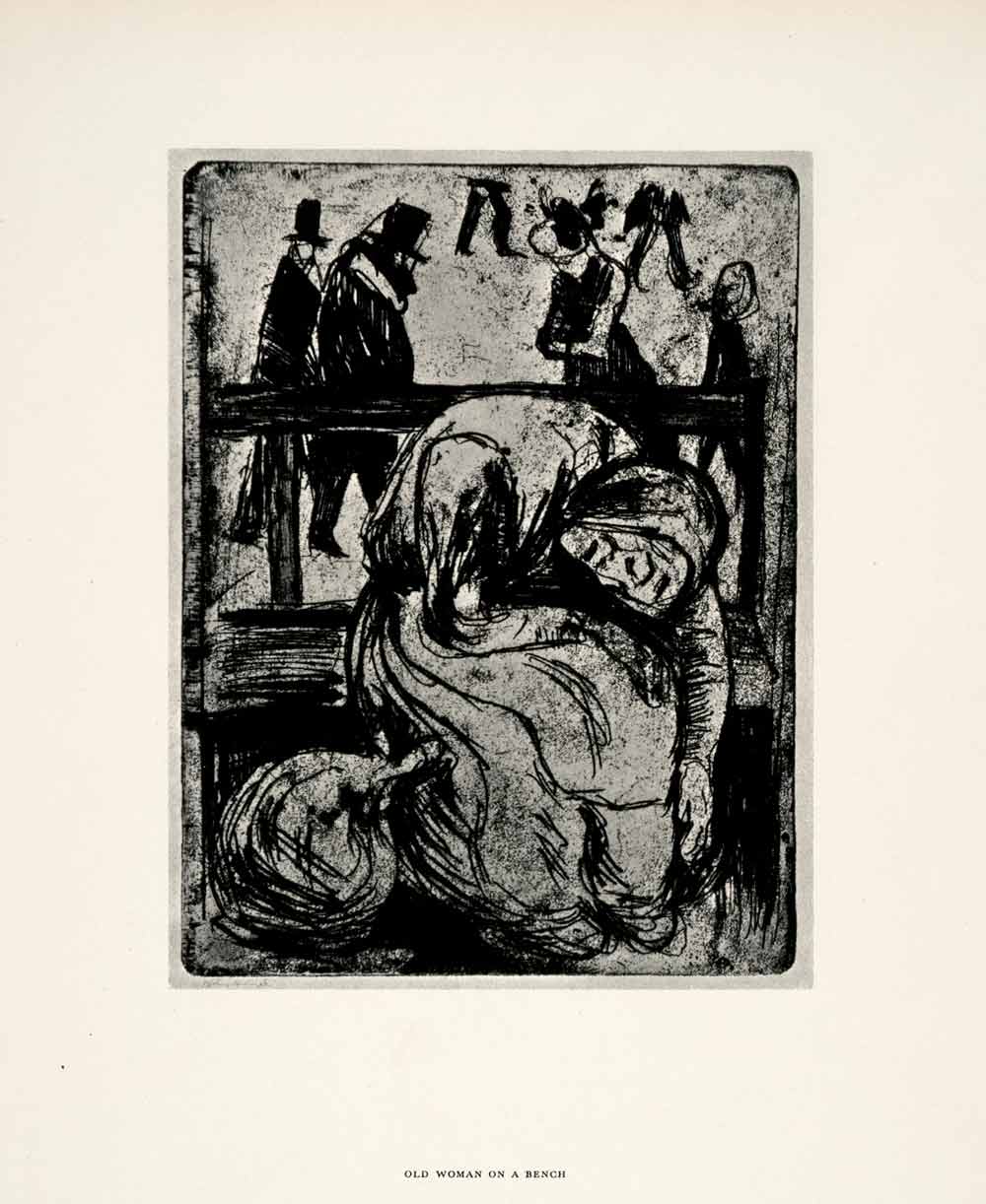 1958 Print Edvard Munch Old Woman Bench Symbolist Expressionist Graphic Bold Art