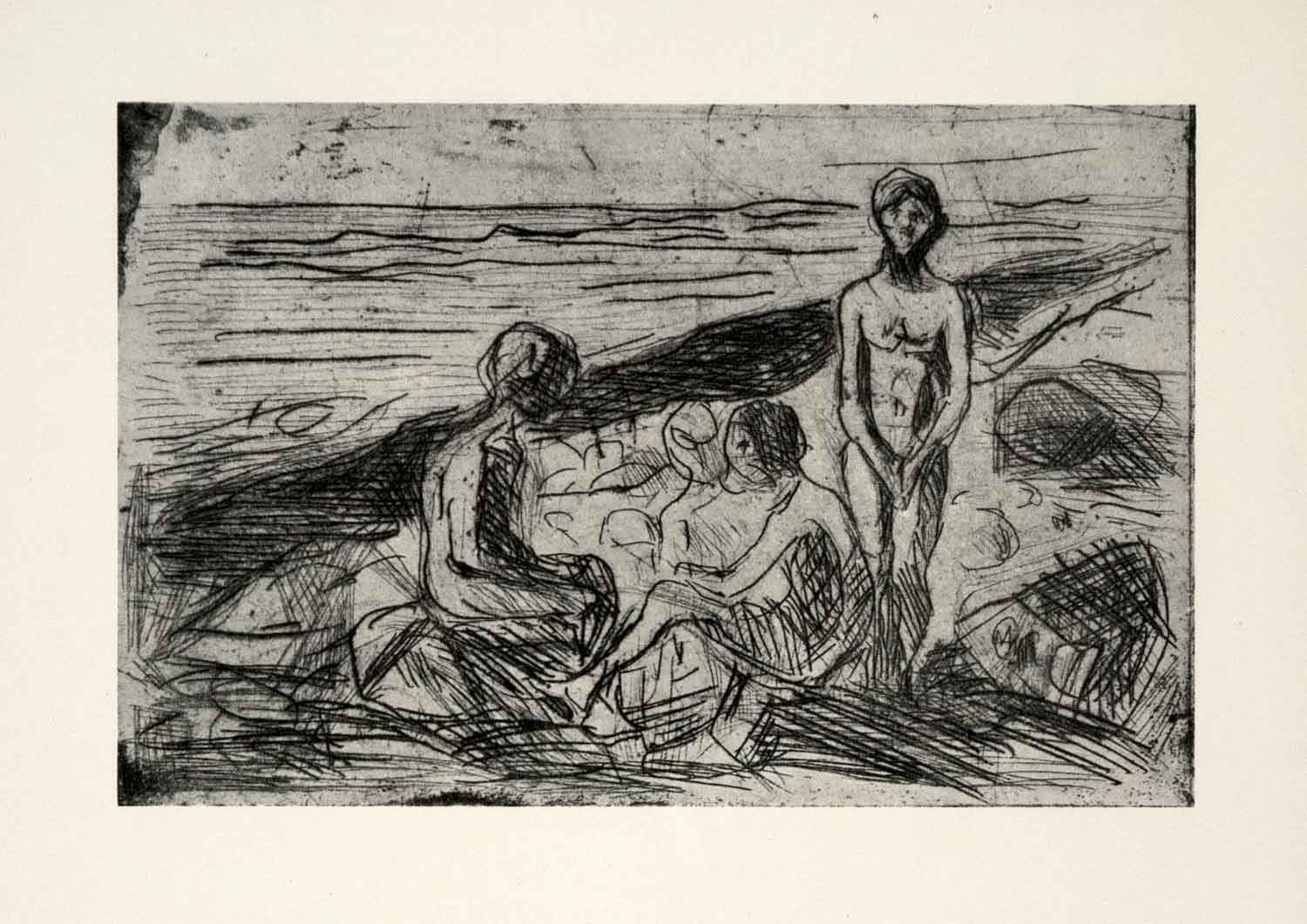 1958 Print Edvard Munch Naked Boy Beach Symbolist Expressionist Graphic Bold Art