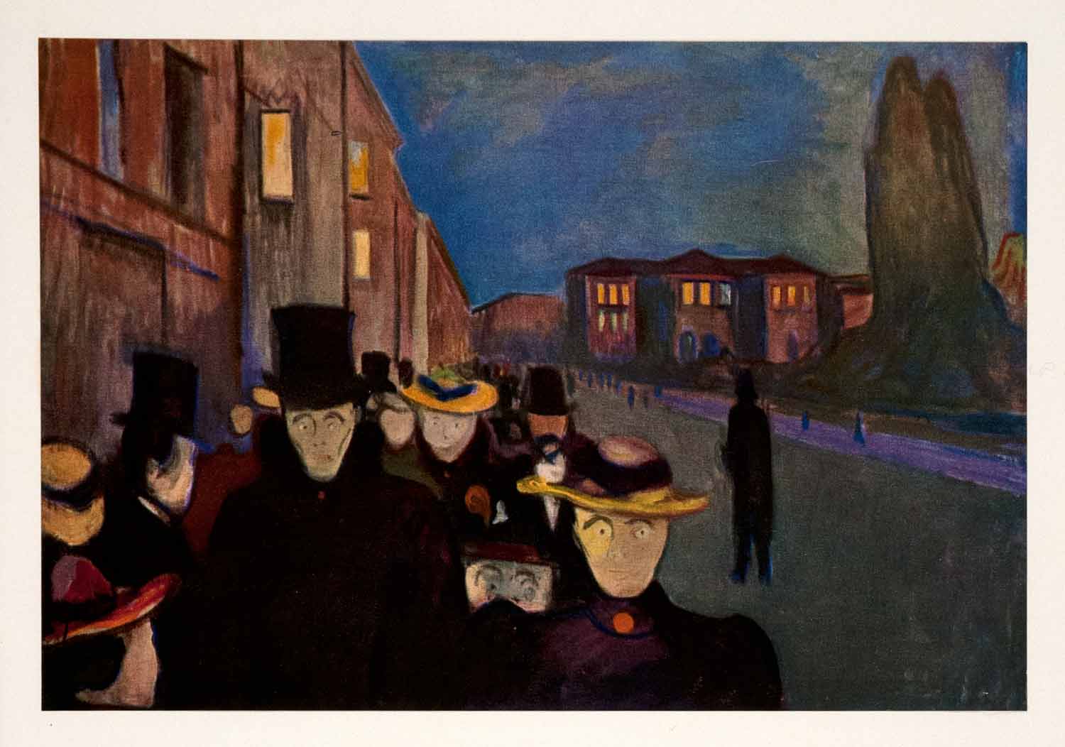 1957 Tipped-In Print Edvard Munch Evening Karl Johan Street Art Vivid Haunting
