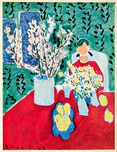 1958 Print Portrait Woman Green Wall Henri Matisse Still Life Plum Branch Table