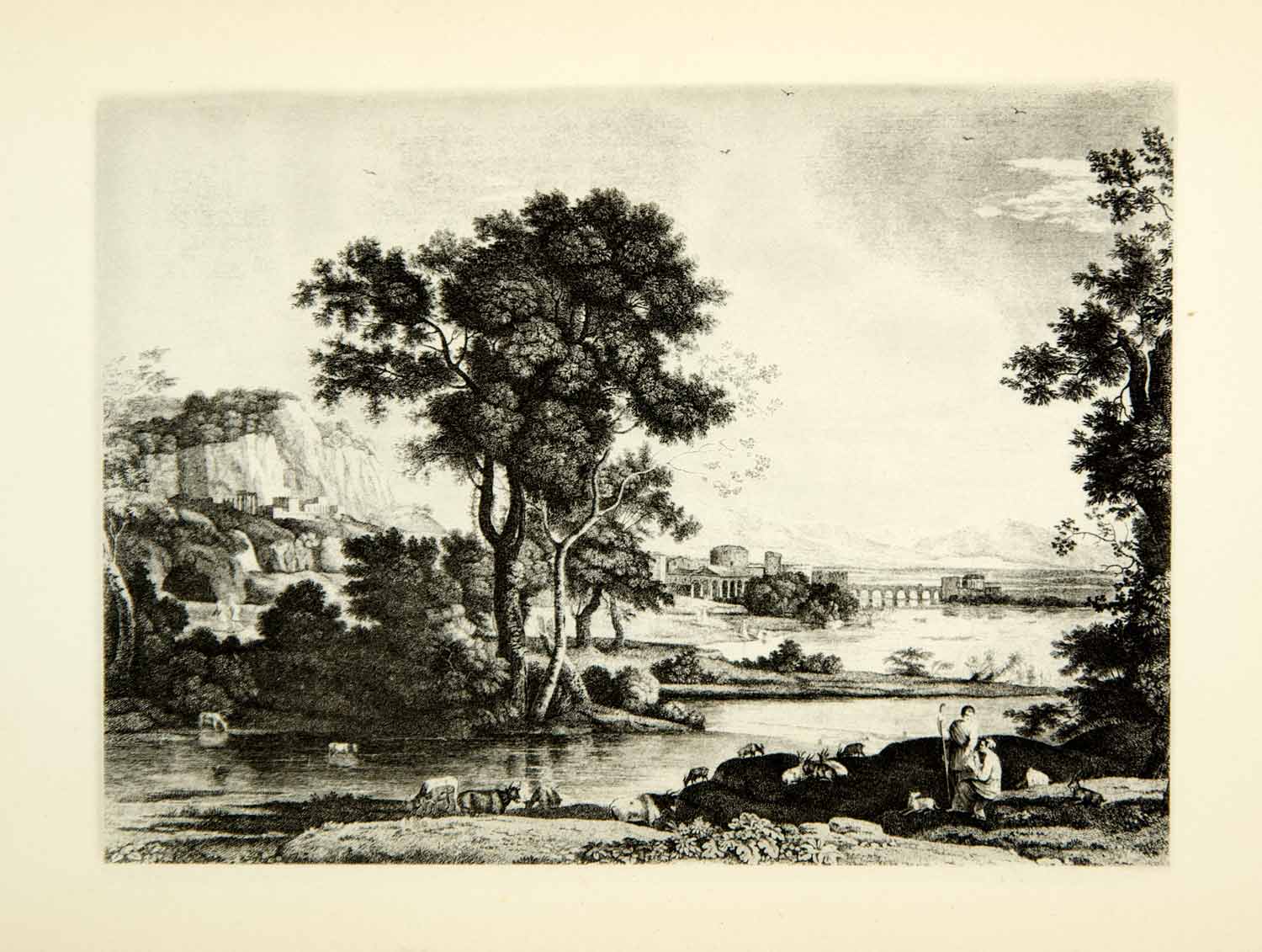 1878 Photogravure Claude Lorrain Baroque Art Landscape Goatherd Cattle XAKA9