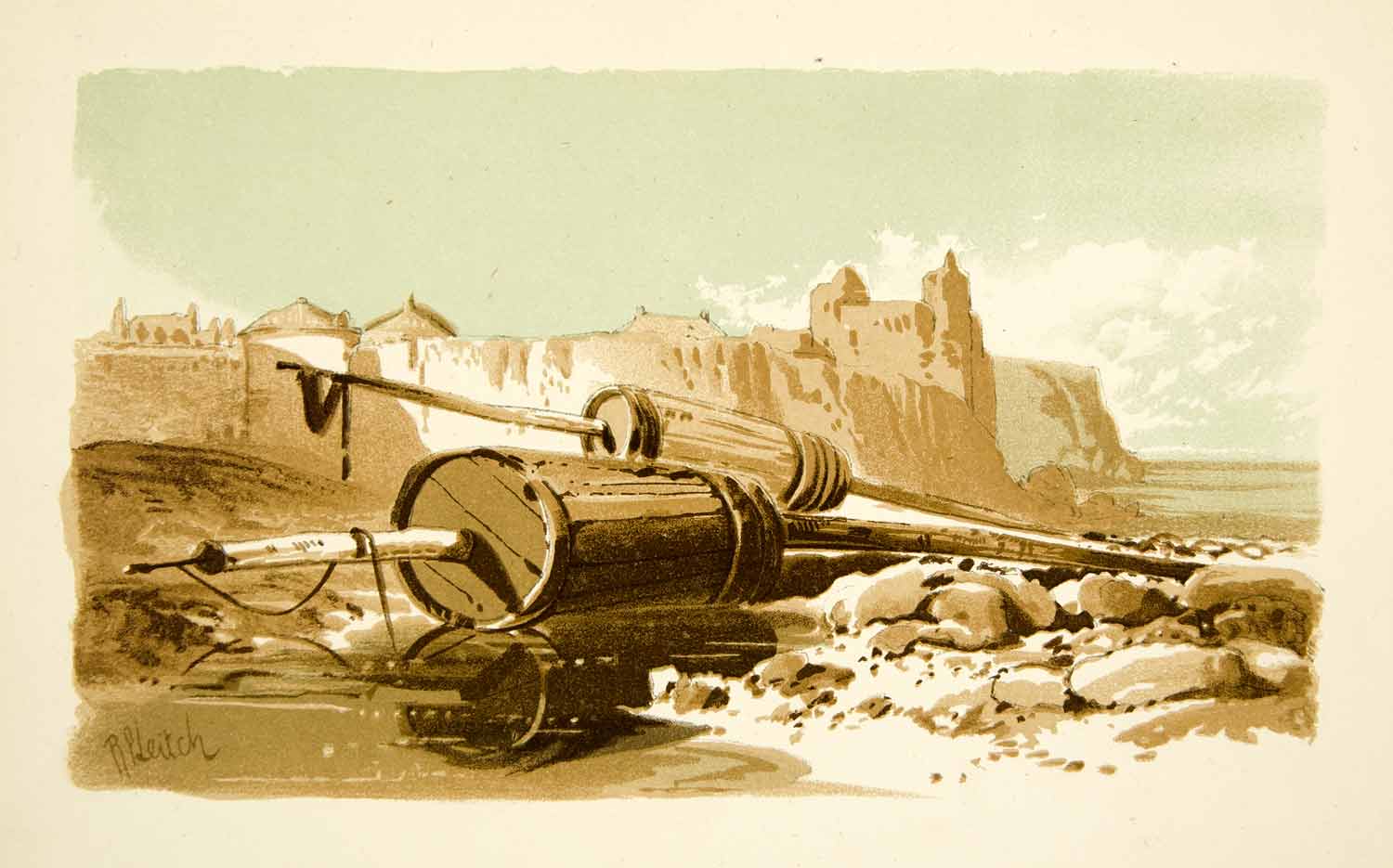 1875 Lithograph Richard Pettigrew Leitch Buoy Cliff Fortress Ruins XALA2