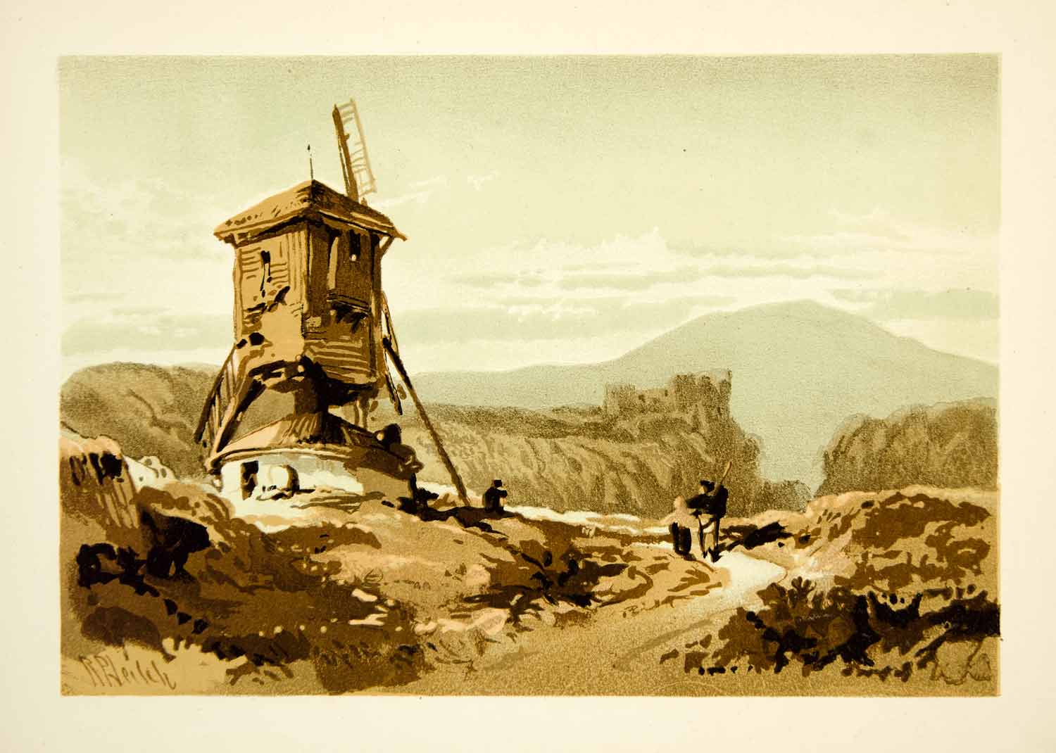 1875 Lithograph Richard Pettigrew Leitch Windmill Landscape Ruins Traveler XALA2