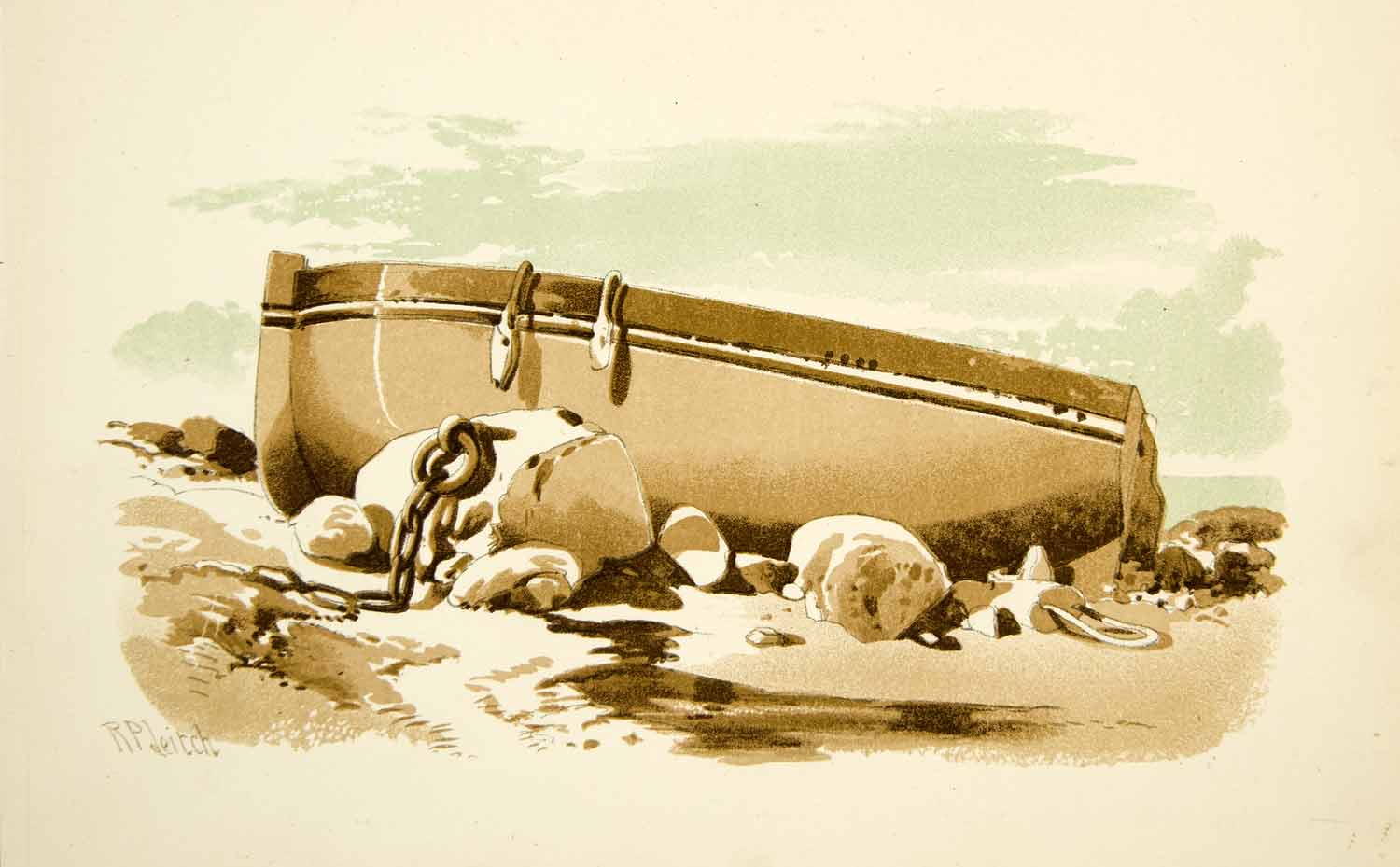 1875 Lithograph Richard Pettigrew Leitch Boat Aground Shore Marine Coastal XALA2