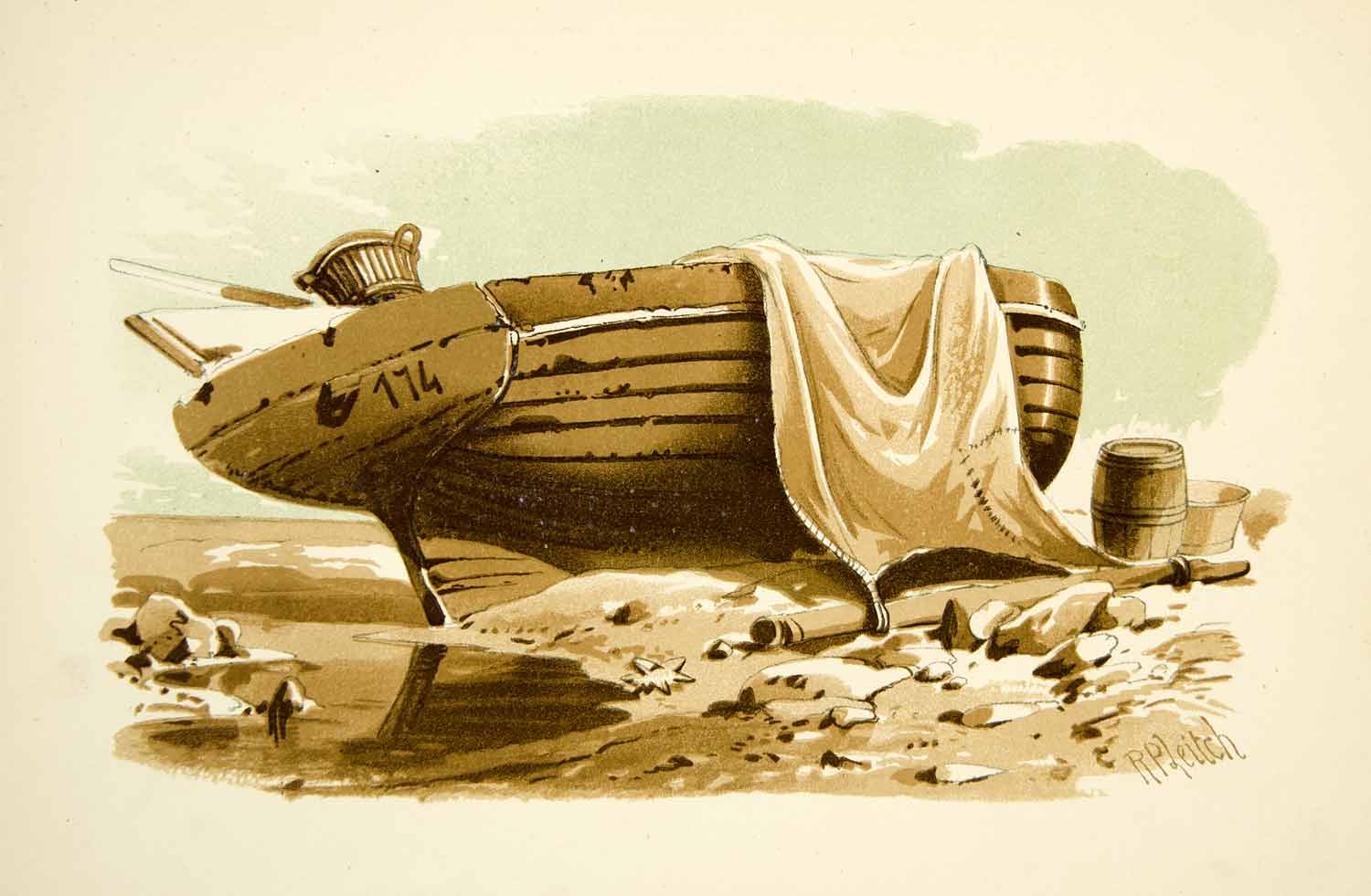 1875 Lithograph Richard Pettigrew Leitch Boat Sail Abandoned Shore Rocky XALA2