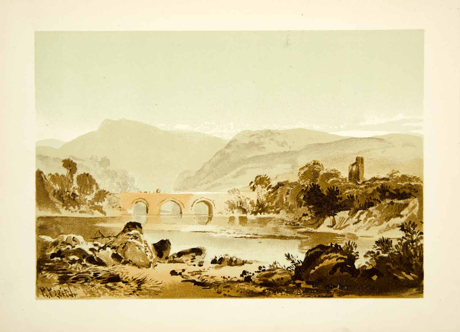 1875 Lithograph Richard Pettigrew Leitch River Bridge Landscape Mountains XALA2