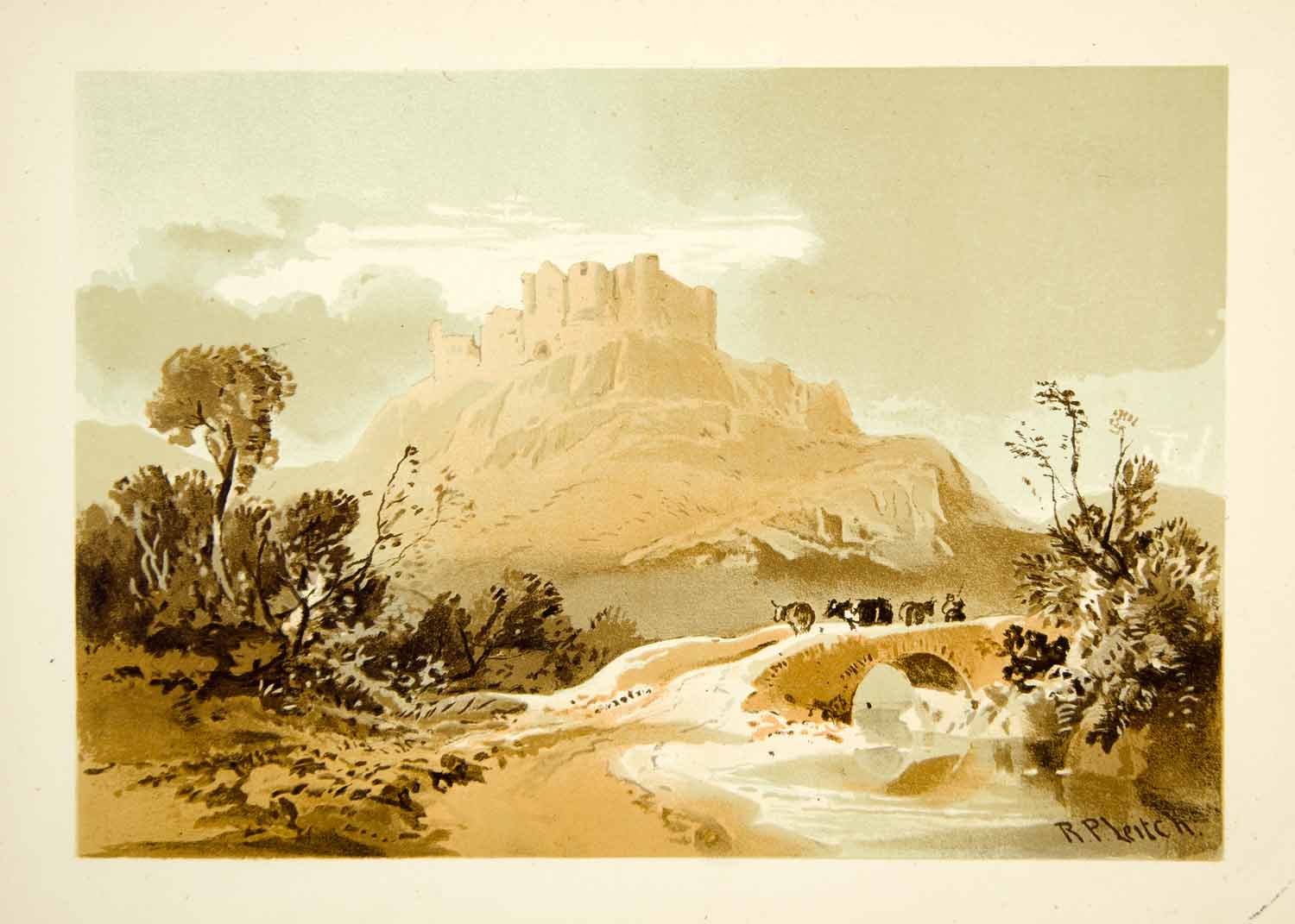 1875 Lithograph Richard Pettigrew Leitch Ruins Castles Bridge River Cow XALA2