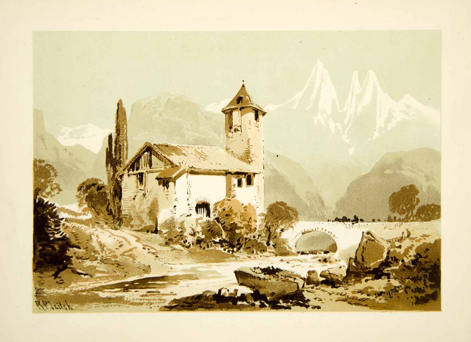 1875 Lithograph Richard Pettigrew Leitch River Peak Mountain Dwelling XALA2