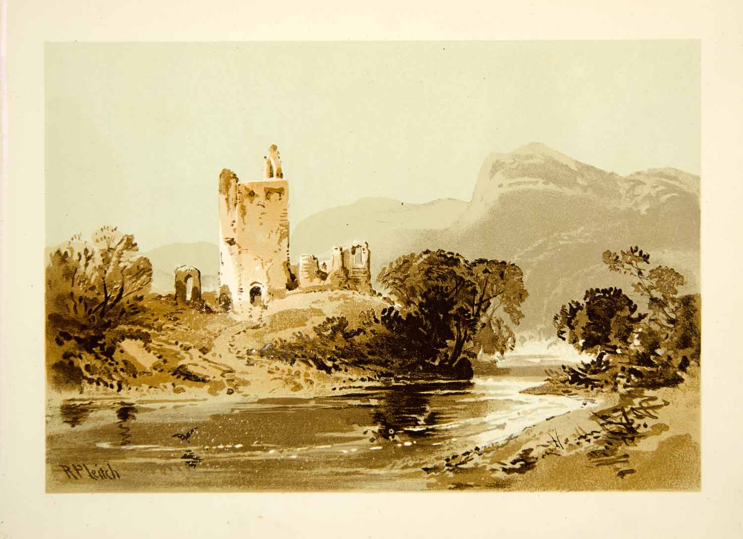 1875 Lithograph Richard Pettigrew Leitch Ruins River Mountain Shore XALA2
