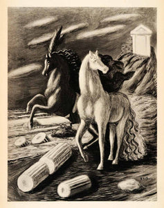 1939 Photogravure Giorgio Chirico Horses Beach Ruins Expressionism XAM1