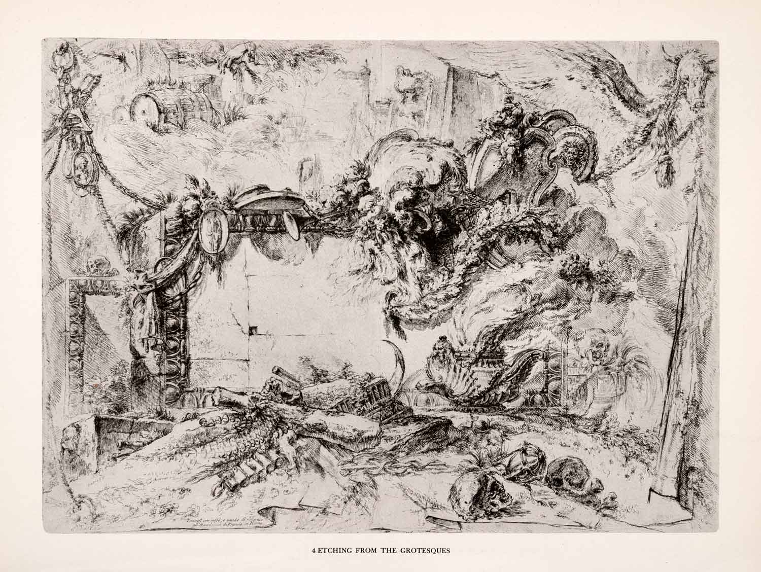 1952 Print Grotesques Giovanni Battista Piranesi Skull Pegasus Tomb Nero XAM4
