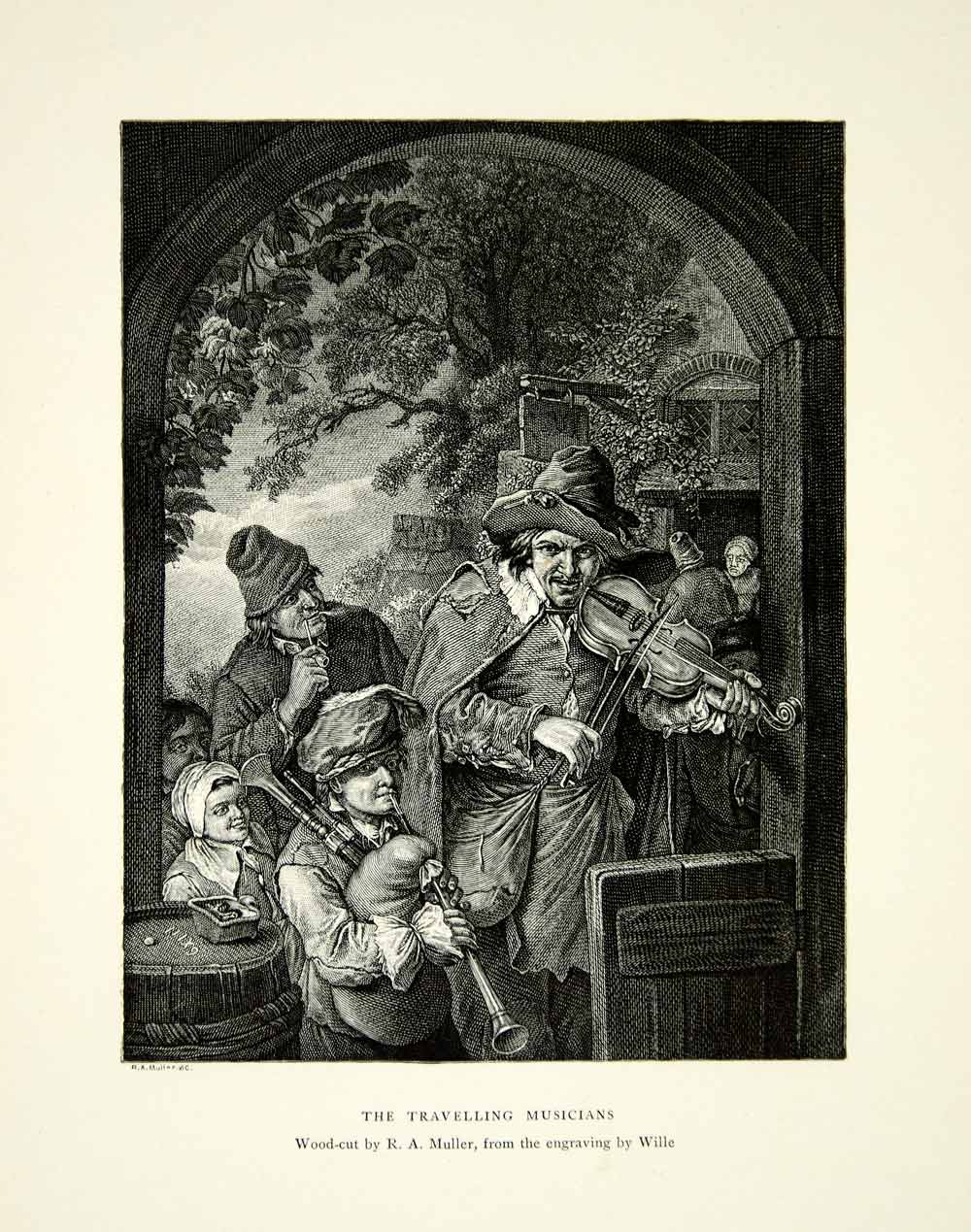 1894 Wood Engraving Traveling Musicians Violin Fiddle Bagpipes