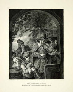 1894 Wood Engraving Traveling Musicians Violin Fiddle Bagpipes