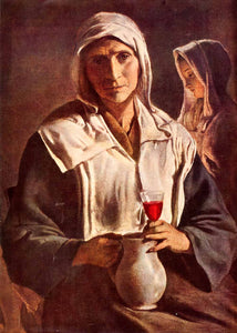 1951 Print Peasant Family Lady Wine Woman Louis Le Nain Art Painting Vase XAN4