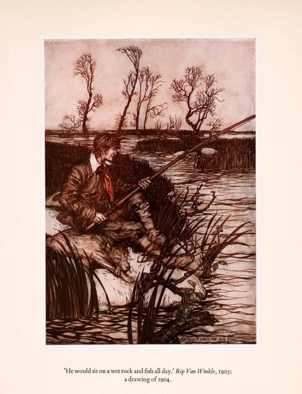1960 Tipped-In Print Arthur Rackham Art Lonely Fisherman Fishing Rip V ...