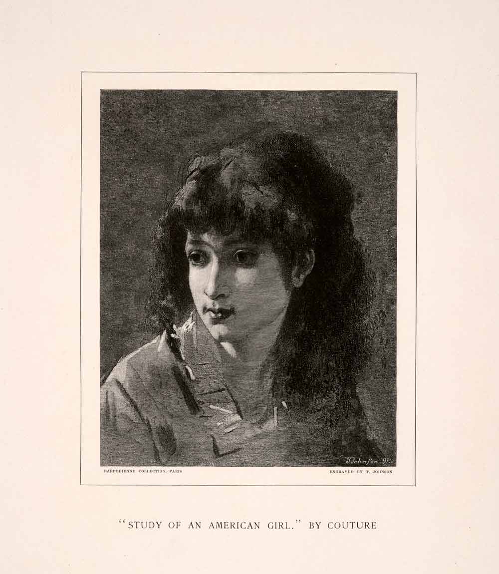 1896 Wood Engraving (Photoxylograph) Thomas Couture Study American Girl Art XAN9