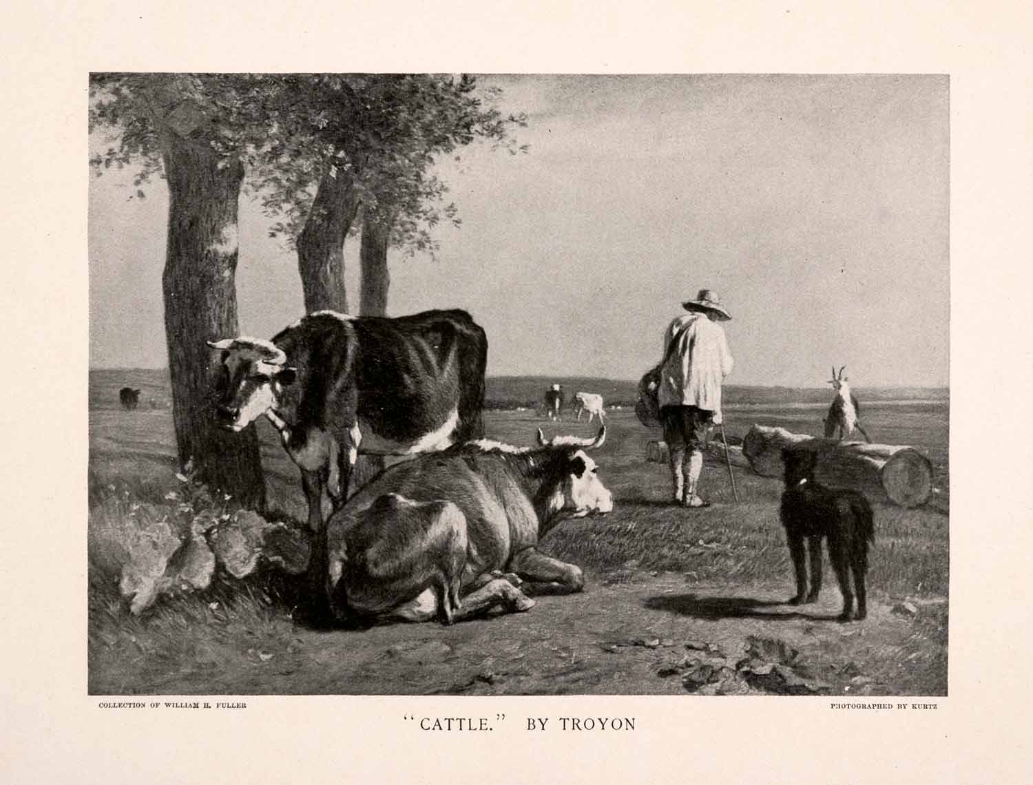 1896 Halftone Print Troyon Cattle Agriculture Farming Dog Farmer Pasture XAN9