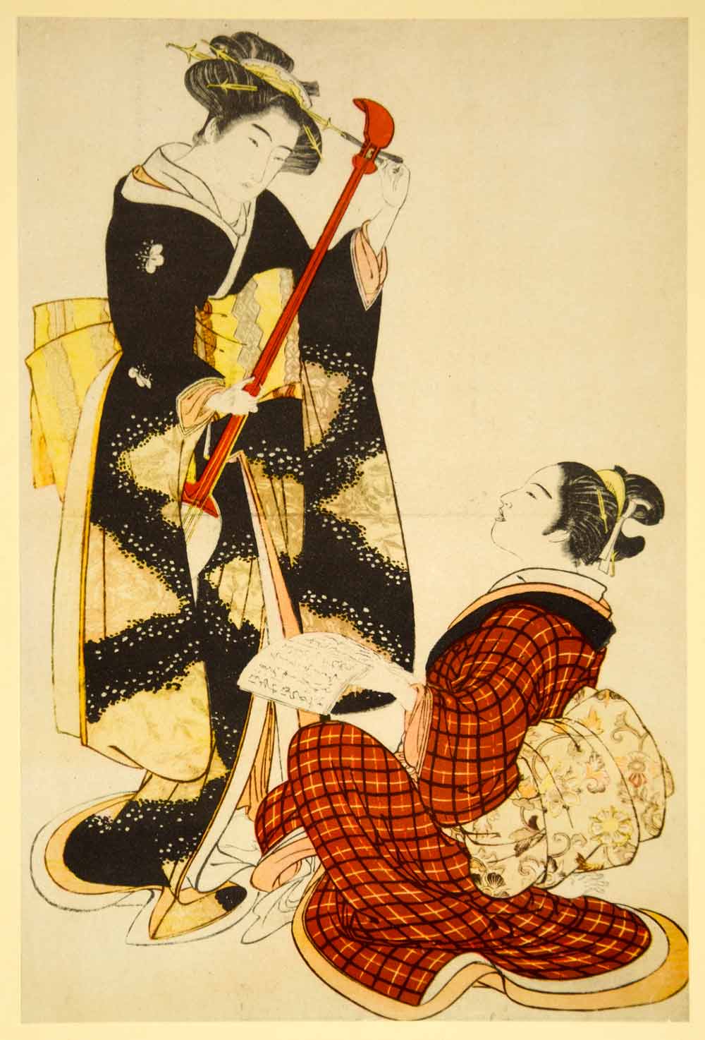 1954 Print Kitae Shigemasa Rehearsing New Song Instruments Kimono Japanese XANA4