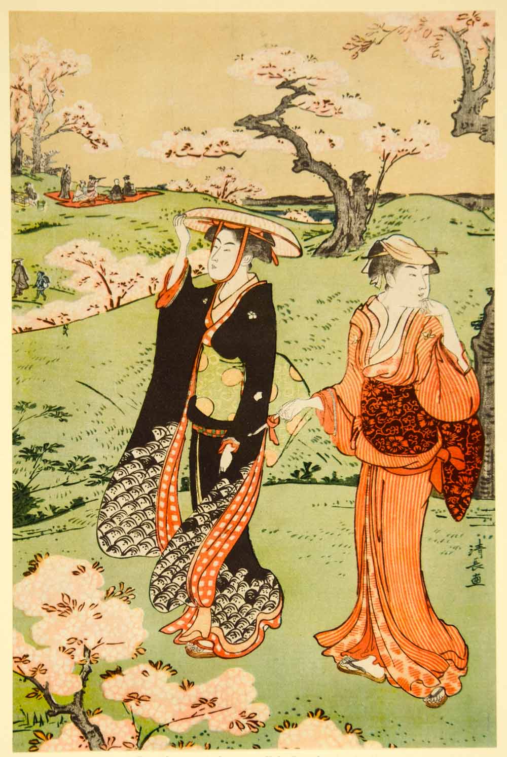 1954 Print Tori Kiyonaga Cherry Blossoms Asukayama Yedo Japanese Costume XANA4