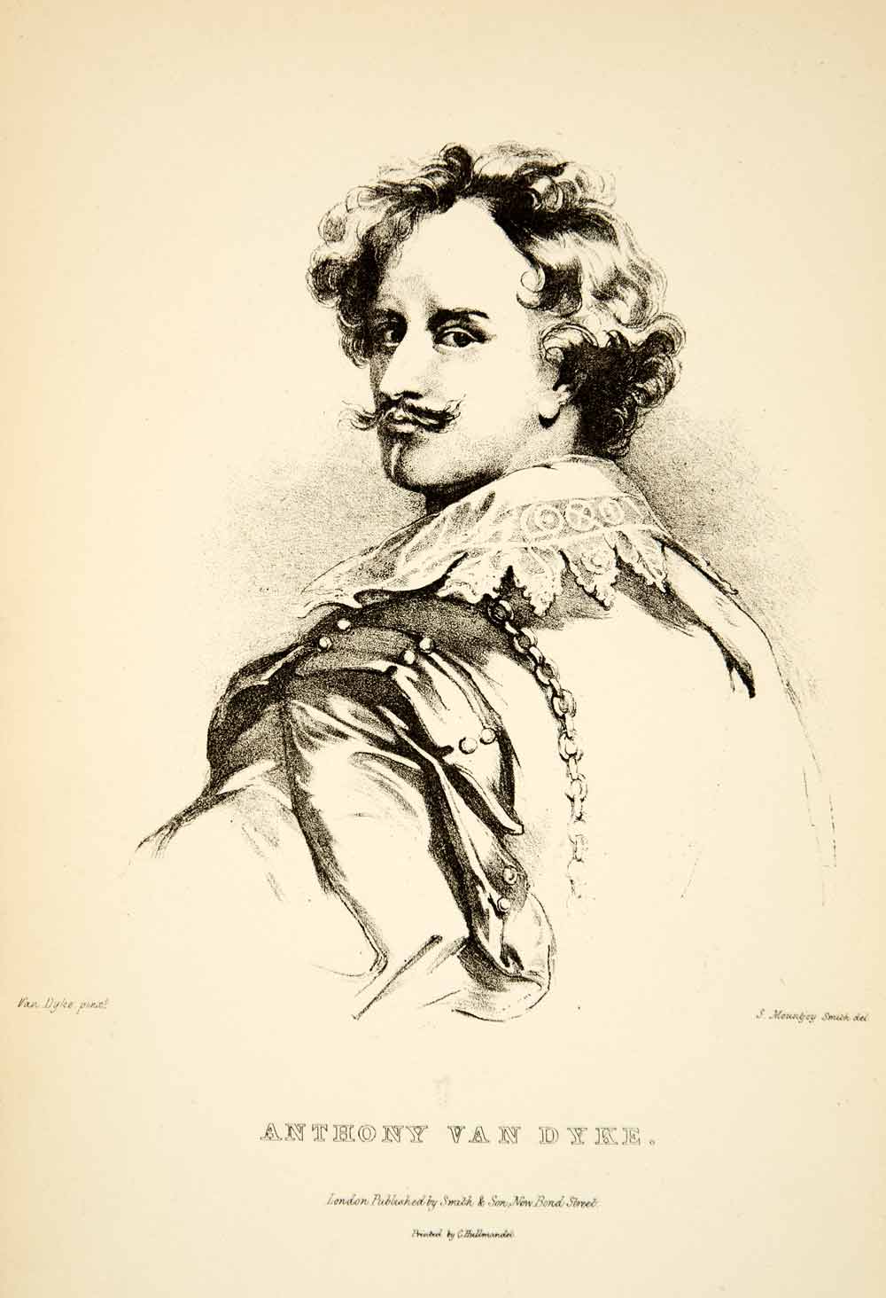 1831 Lithograph Portrait Anthony Van Dyke Mustache Flemish Painter Artist XANA6