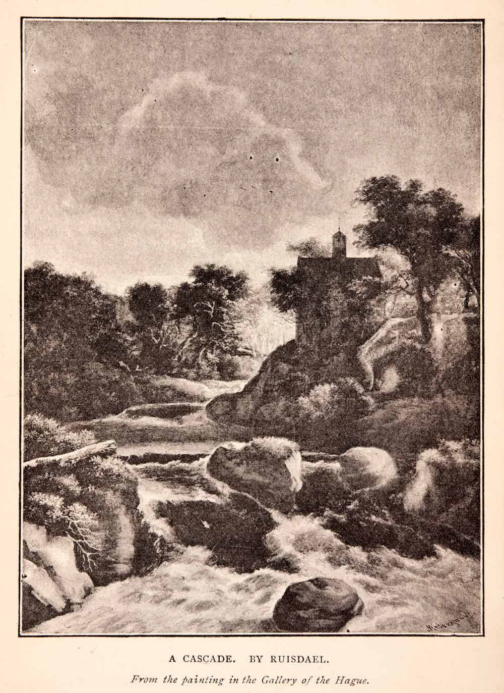 1891 Halftone Print Cascade Rocks Water Jacob Van Ruisdael Landscape House XAO3