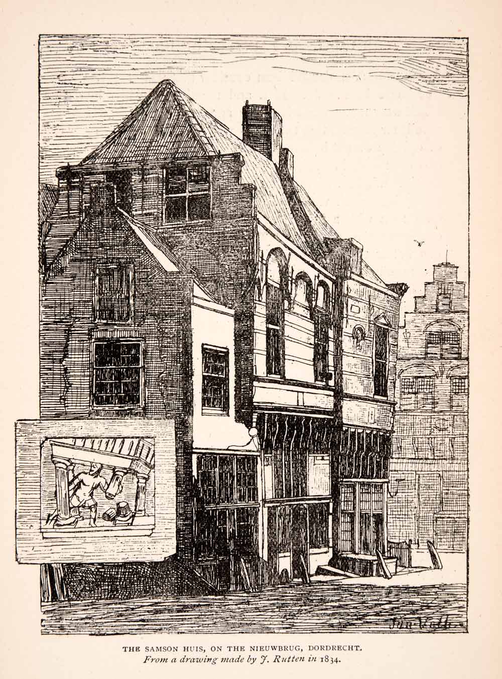 1891 Wood Engraving Samson Huis House Niewbrug Dordrecht Aelbert Cuijp XAO3