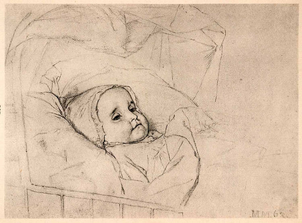 1921 Lithograph Pencil Drawing Dead Baby Bassinet Matthew Maris
