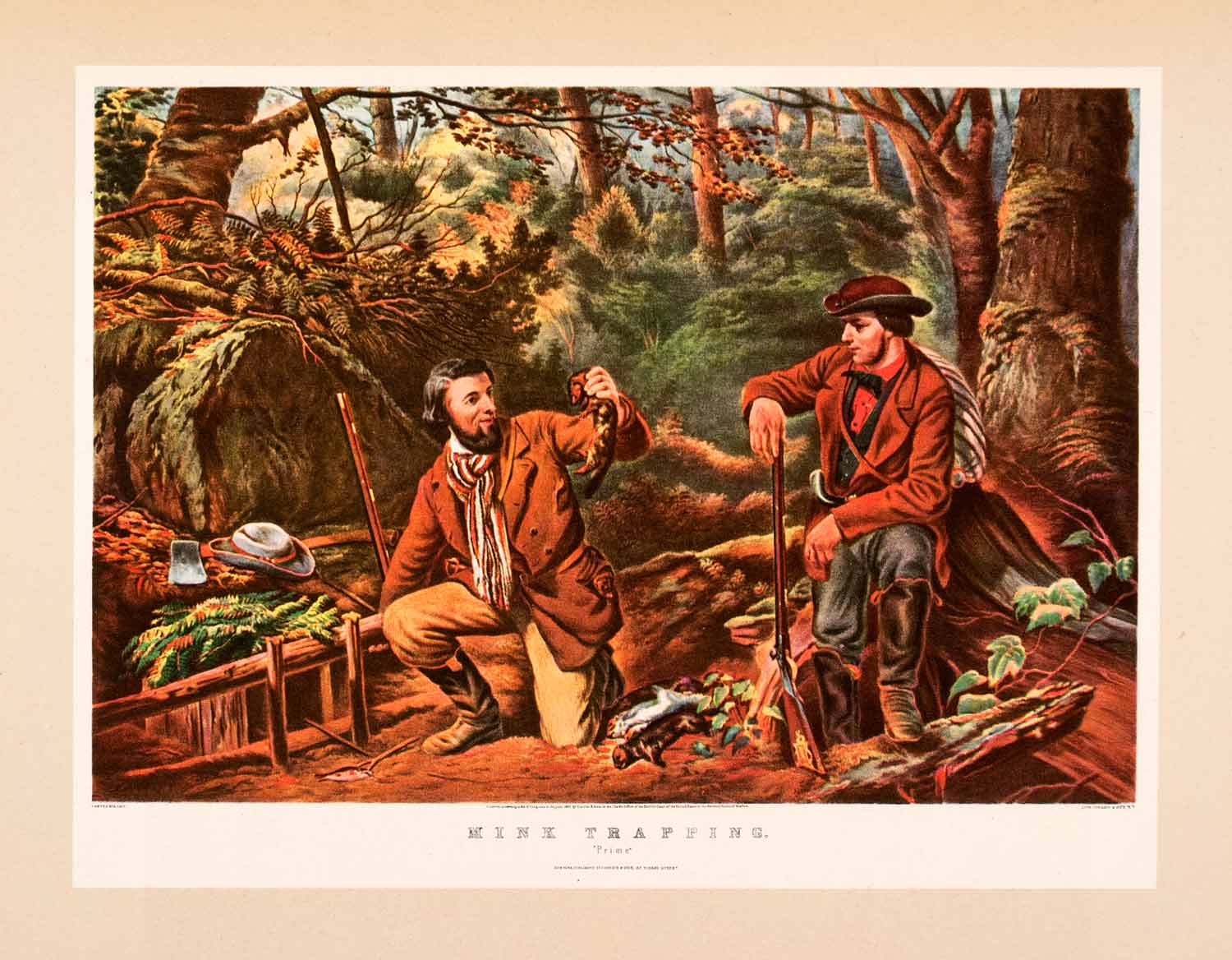 1942 Print Currier Ives Mink Trapping Prime Hunter Rifle Arthur Fitzwilliam XAO9